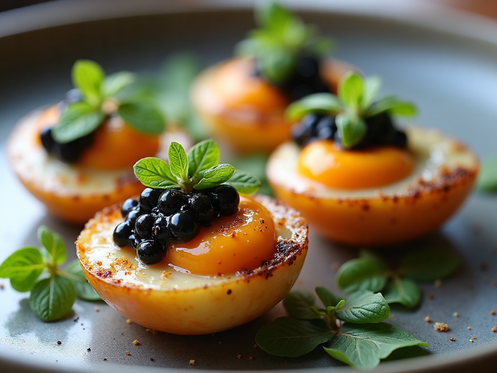 Chinese tea eggs with marbled pattern and caviar