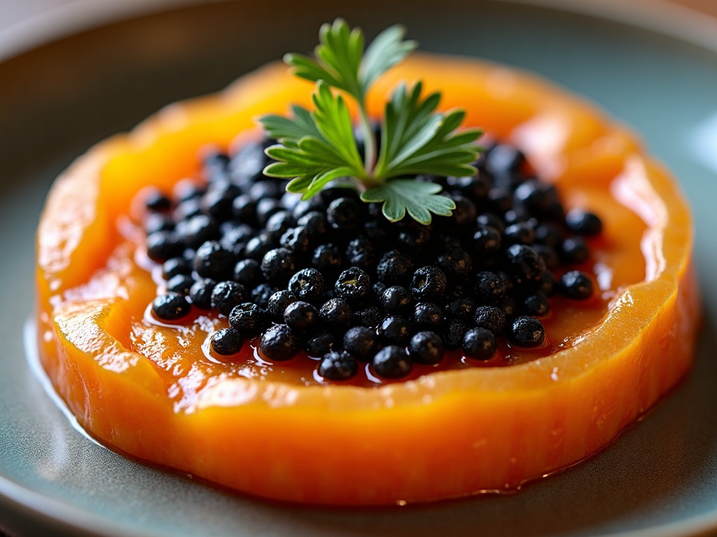 Five-course caviar tasting menu plated across multiple white plates, restaurant style