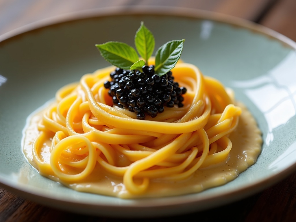 Tagliatelle with caviar and cream in shallow bowl