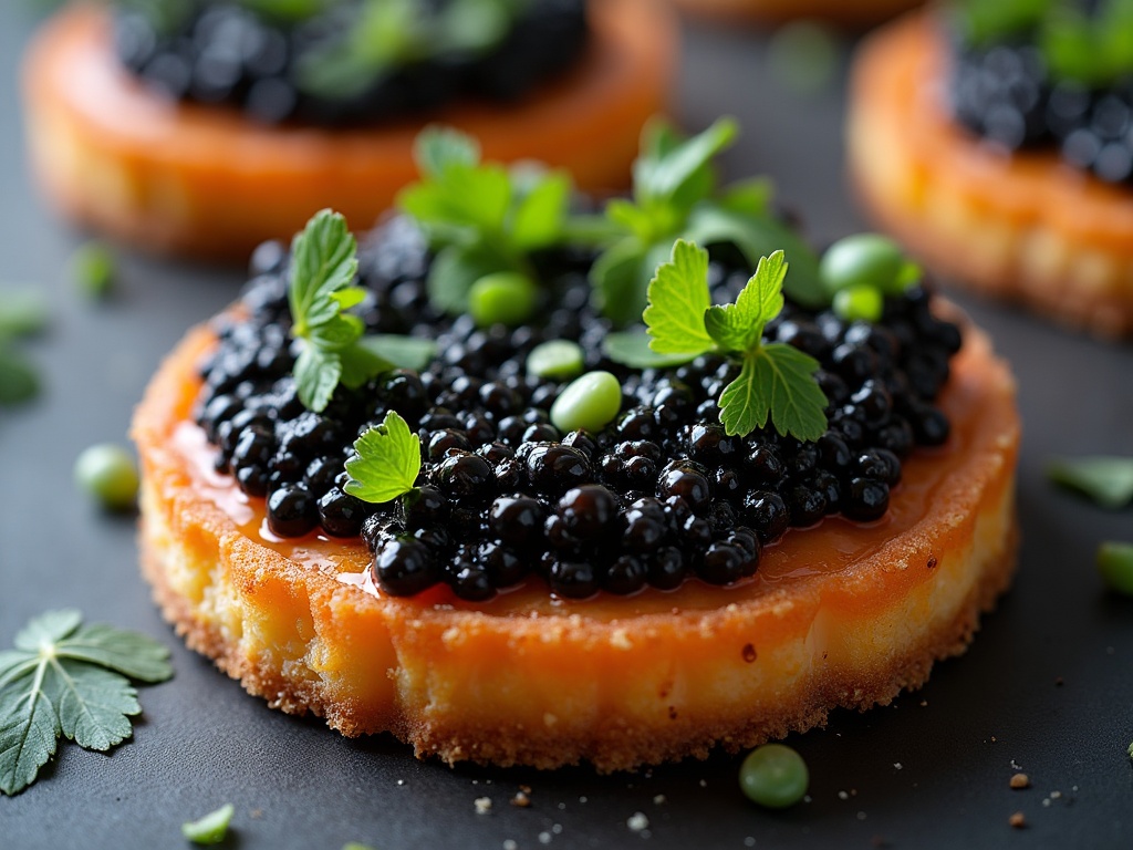 Caviar tartine on diagonal-cut baguette with salted butter