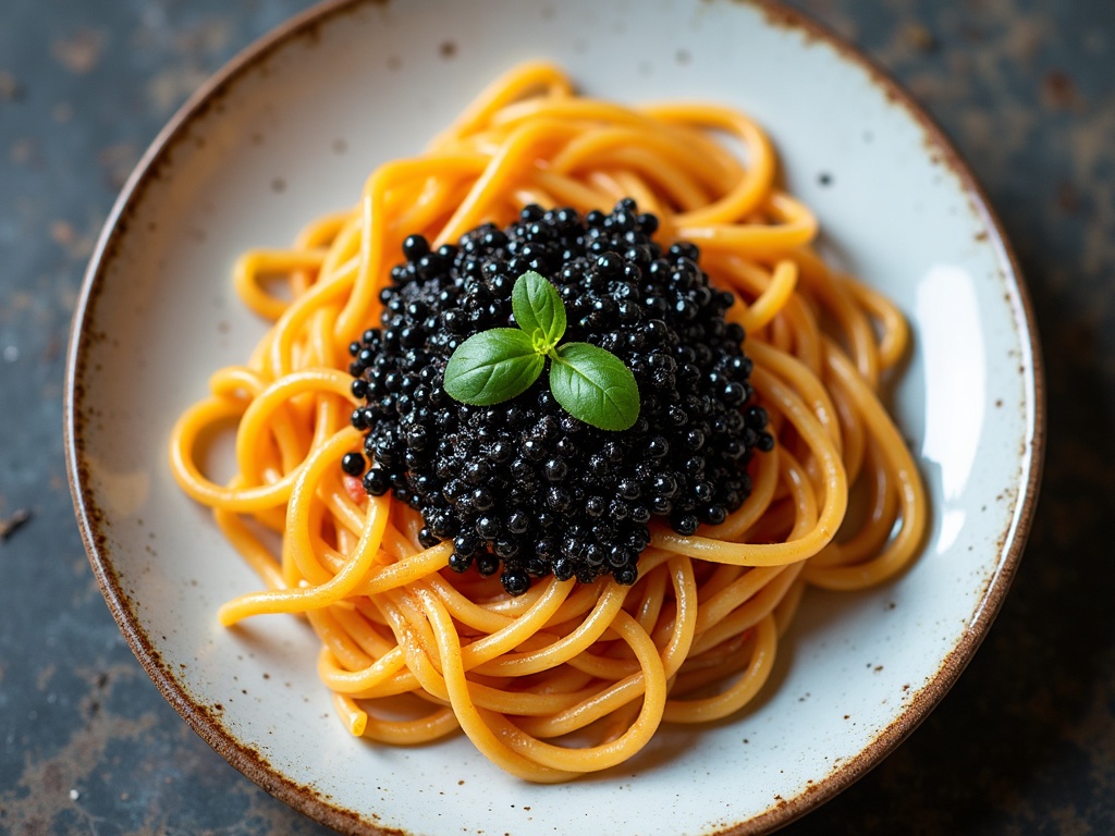 Twirled spaghetti nest with Oscietra caviar pearls in the centre, shot from low angle