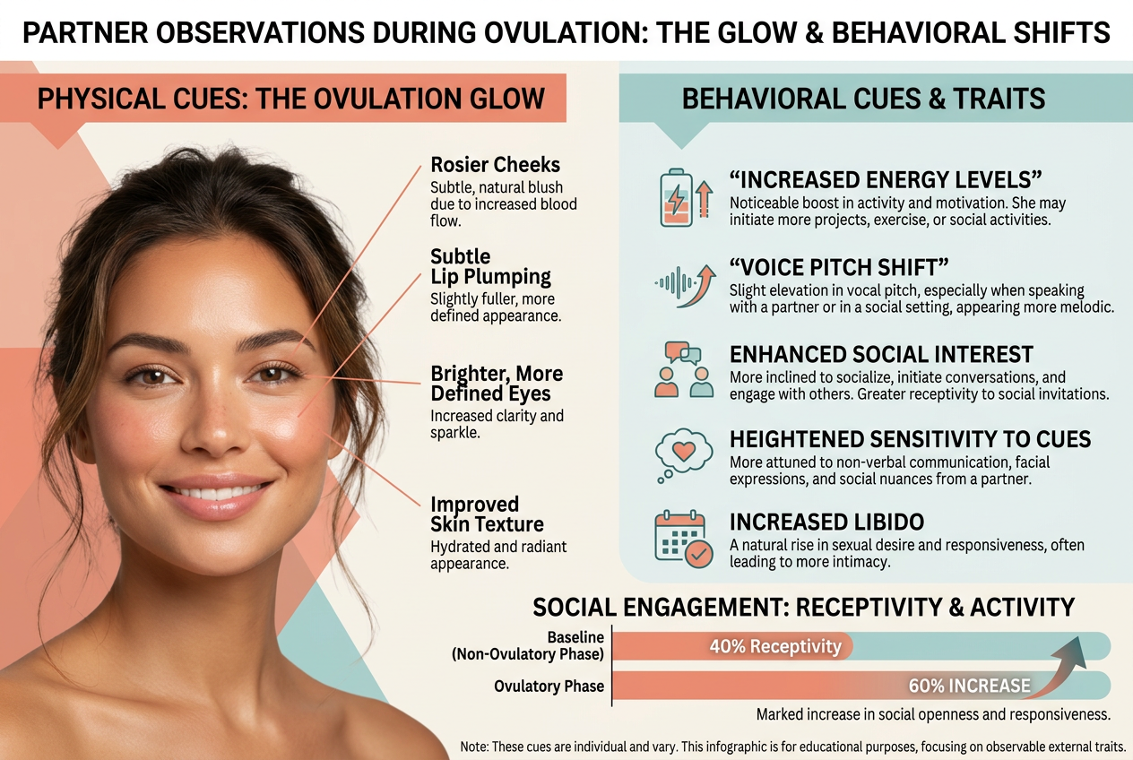 Infographic showing external signs of ovulation for partners, including facial glow, rosy cheeks, voice pitch changes, and energy levels.