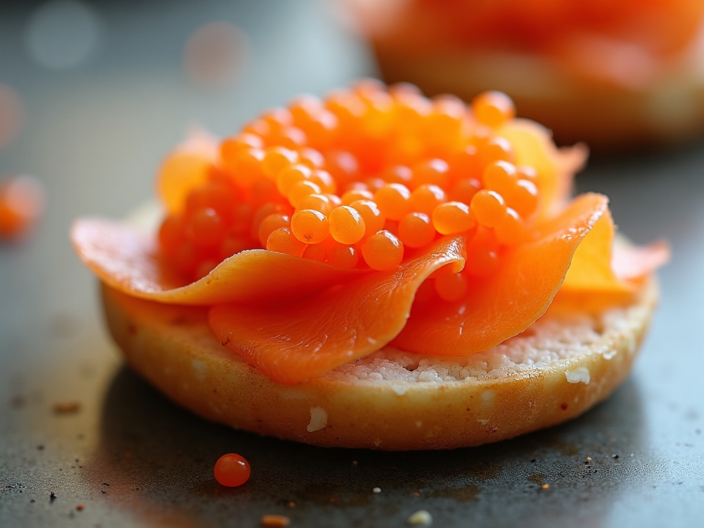 Smoked salmon and caviar bagel with cream cheese, red onion, capers, and dill
