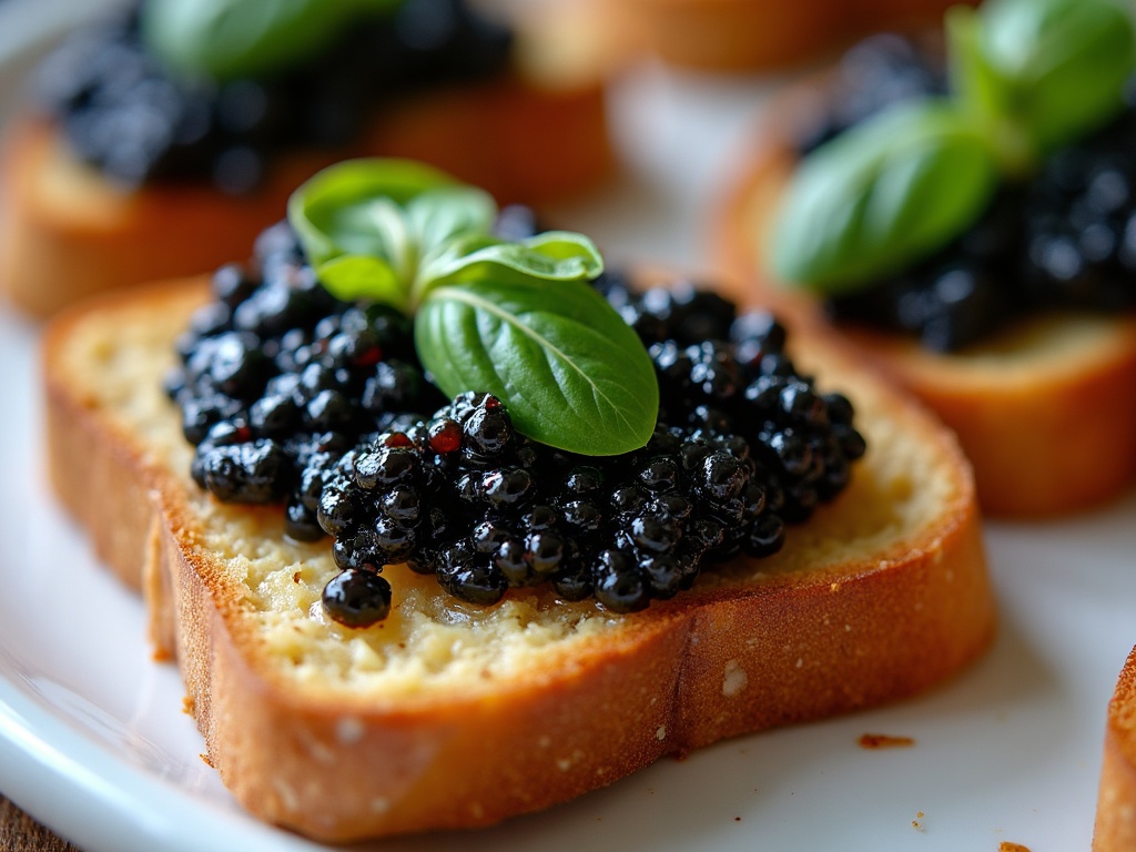Sourdough toast with caviar and salt flakes on dark slate