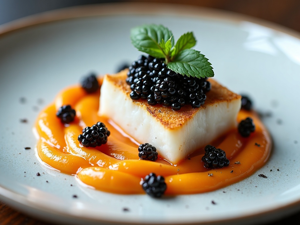 Sea bass fillet with crispy skin, caviar beurre blanc and chives