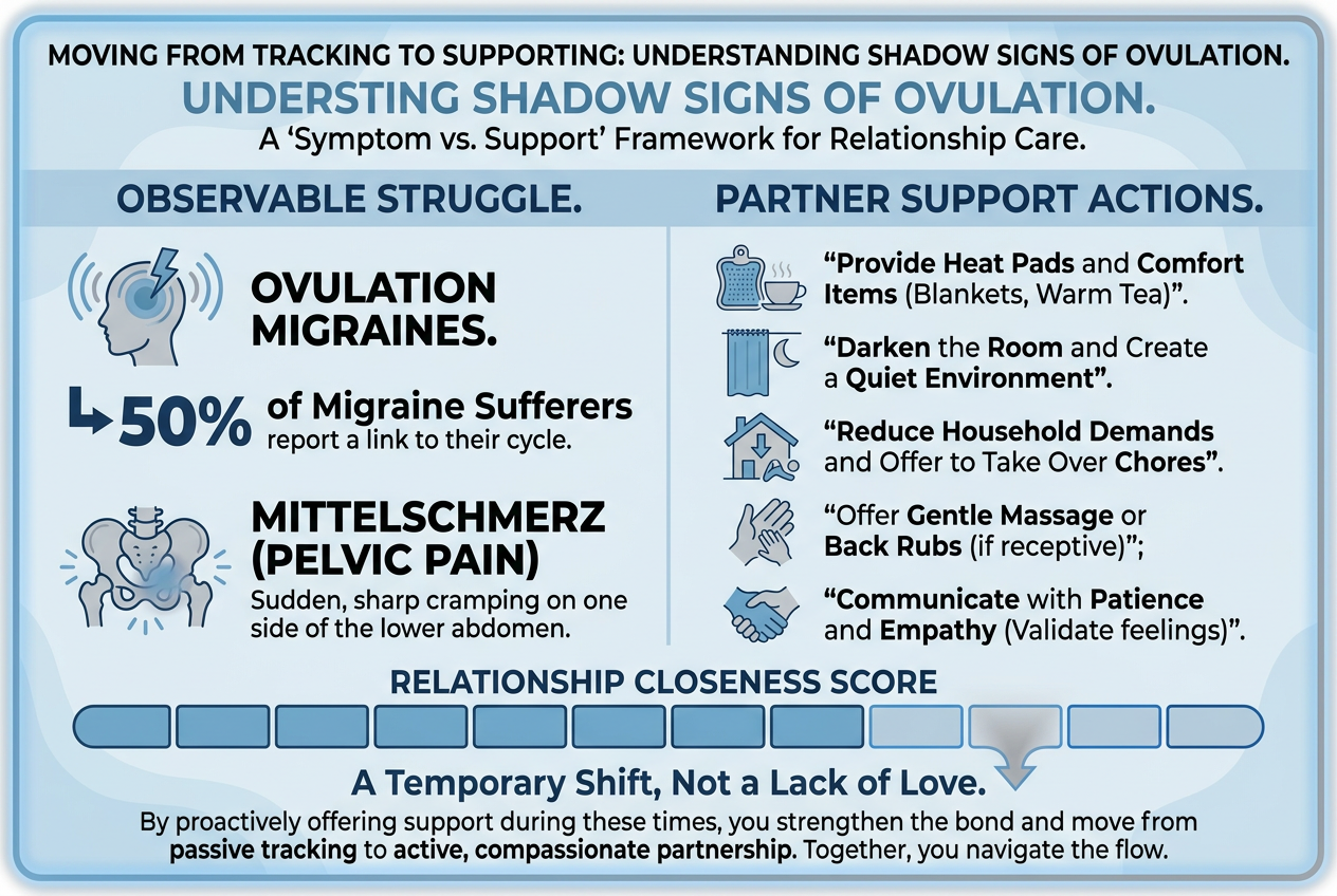 Action plan for partners to support women experiencing ovulation pain or migraines, featuring a 50% symptom frequency statistic.