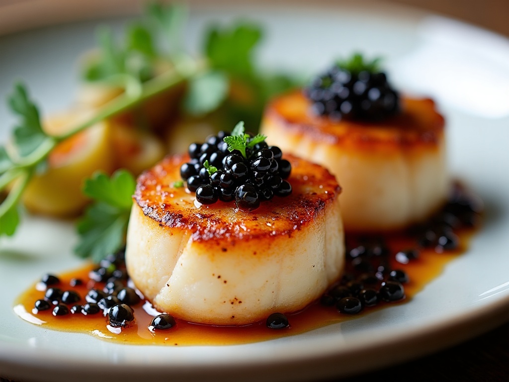 Pan-seared scallops with caviar and brown butter sauce on white plate, restaurant style