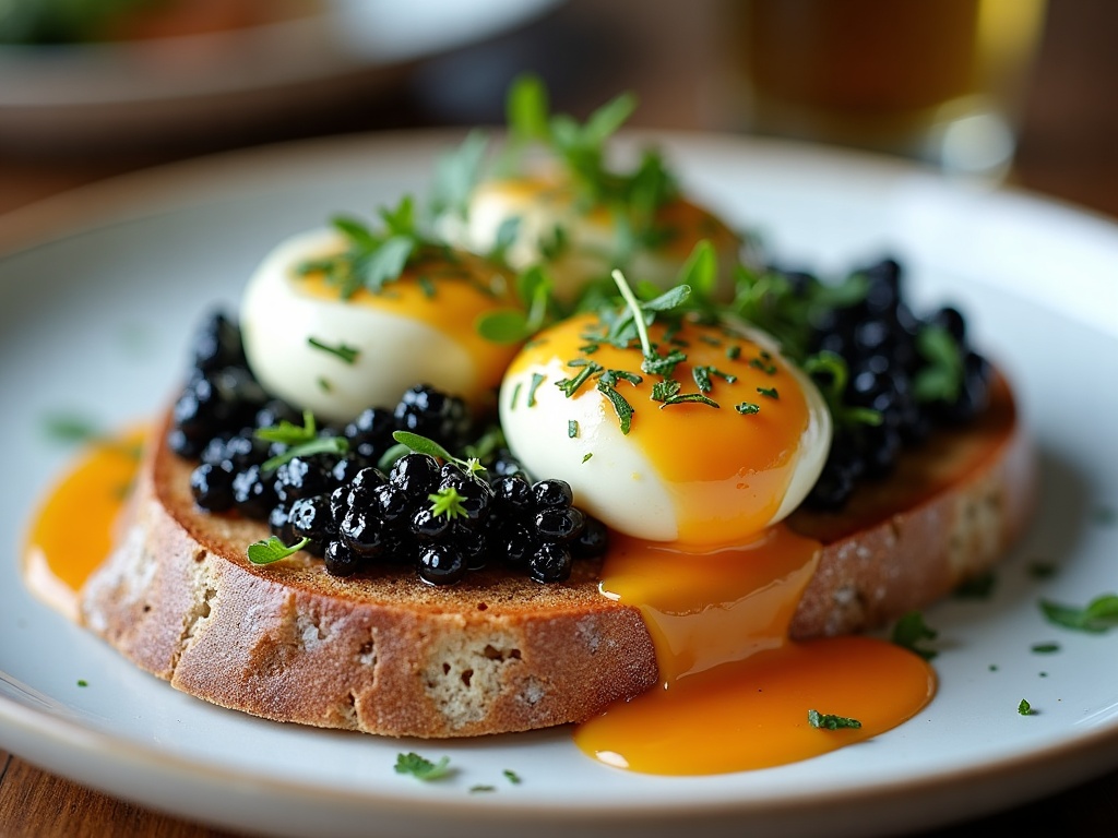 Poached egg with caviar on toasted sourdough, soft yolk visible