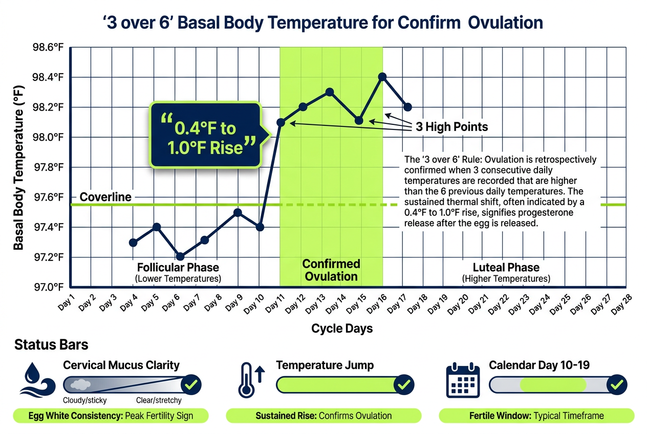 Technical chart illustrating the '3 over 6' rule for tracking basal body temperature to confirm a partner's ovulation.