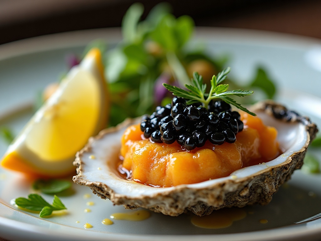 Oysters Rockefeller with caviar on serving platter