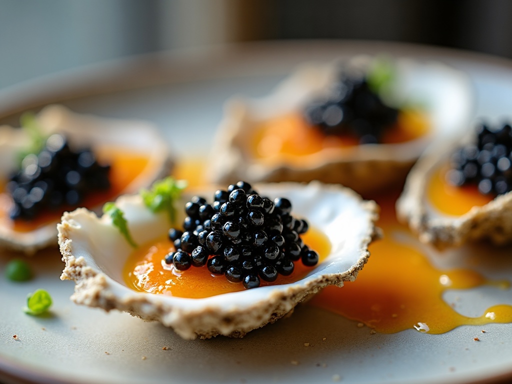 Oyster shooters with caviar in chilled shot glasses, restaurant amuse bouche