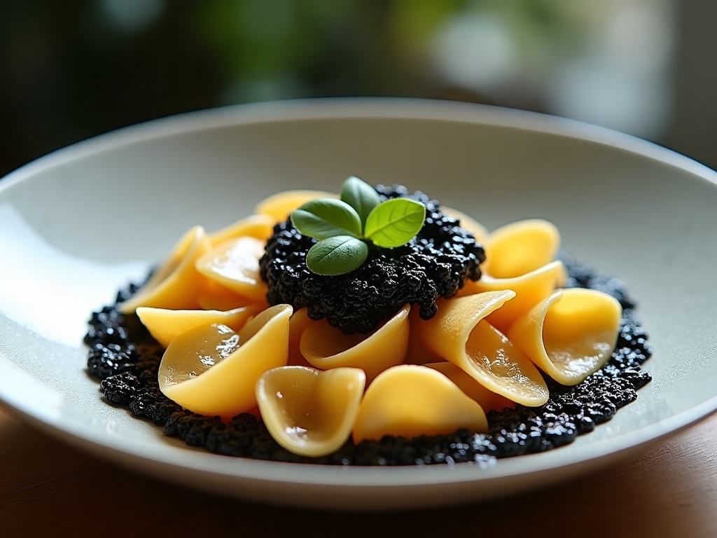 Orecchiette with caviar and burrata in shallow bowl