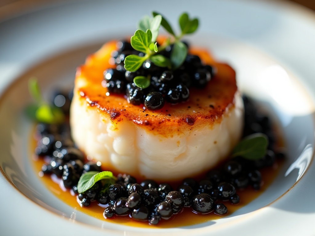 Scallop tartare with caviar in chilled scallop shell with dill and lemon