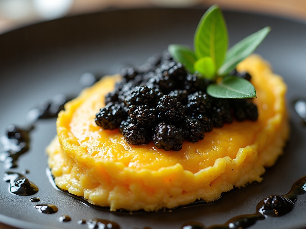 Soft French omelette with Oscietra caviar on white plate, restaurant style