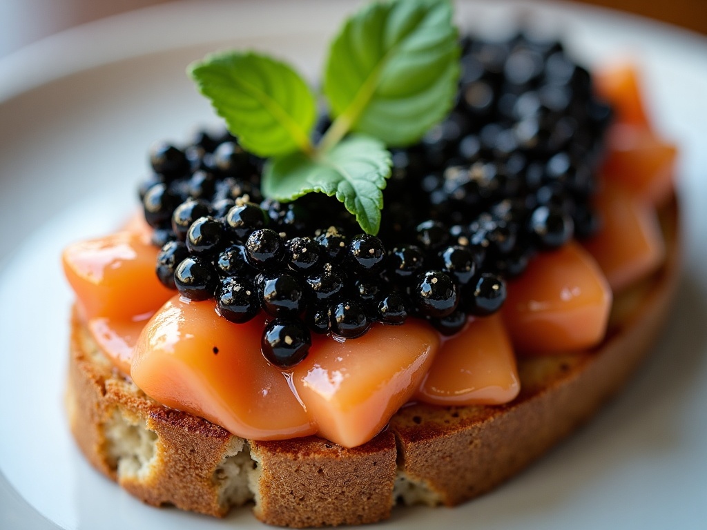 Mushroom toast with caviar and parsley on white plate
