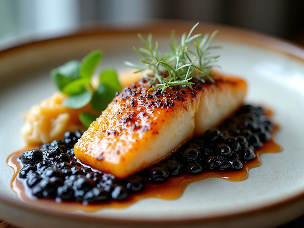 Roasted monkfish with caviar cream sauce