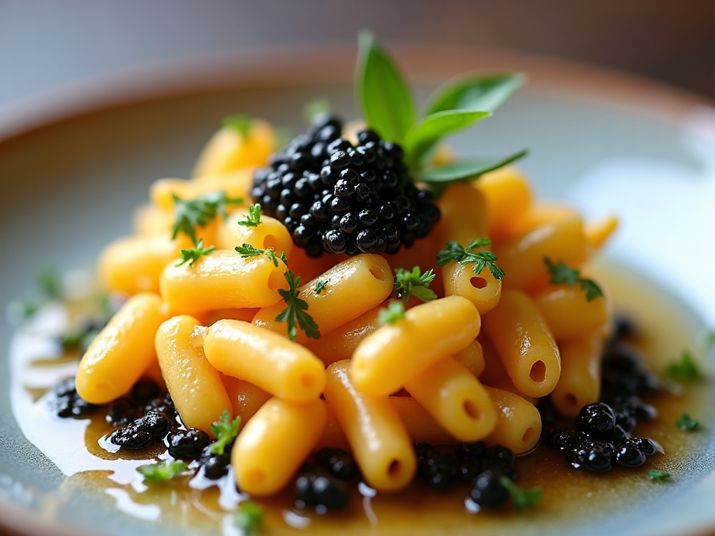 Mac and cheese with caviar topping in shallow ramekin