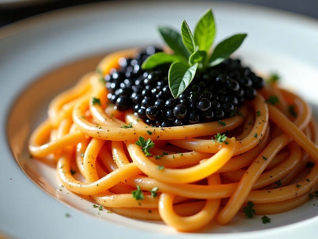 Vodka sauce pasta with caviar in white bowl
