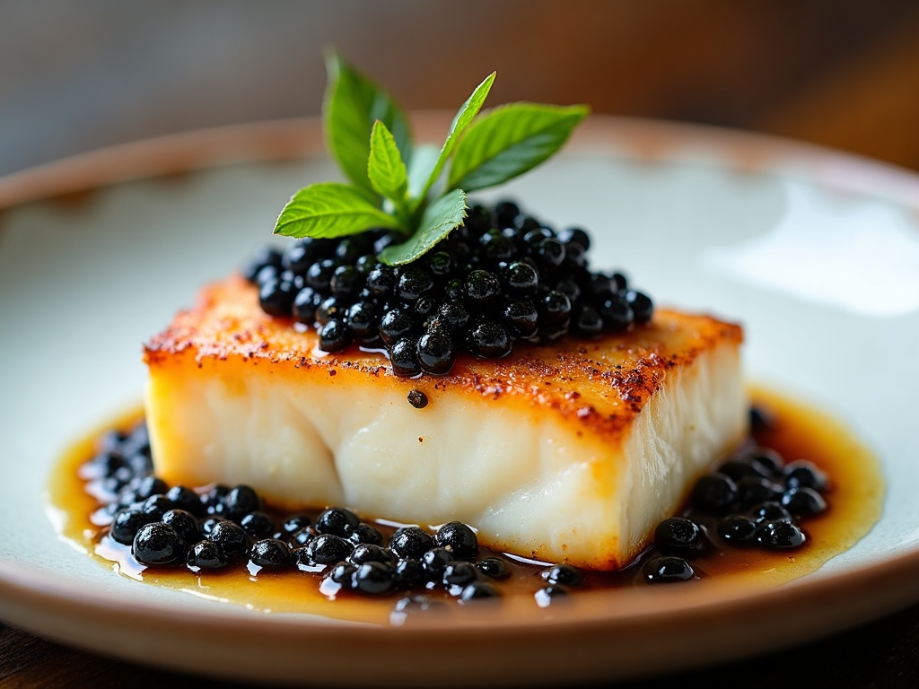 Roasted halibut with caviar sauce on white plate