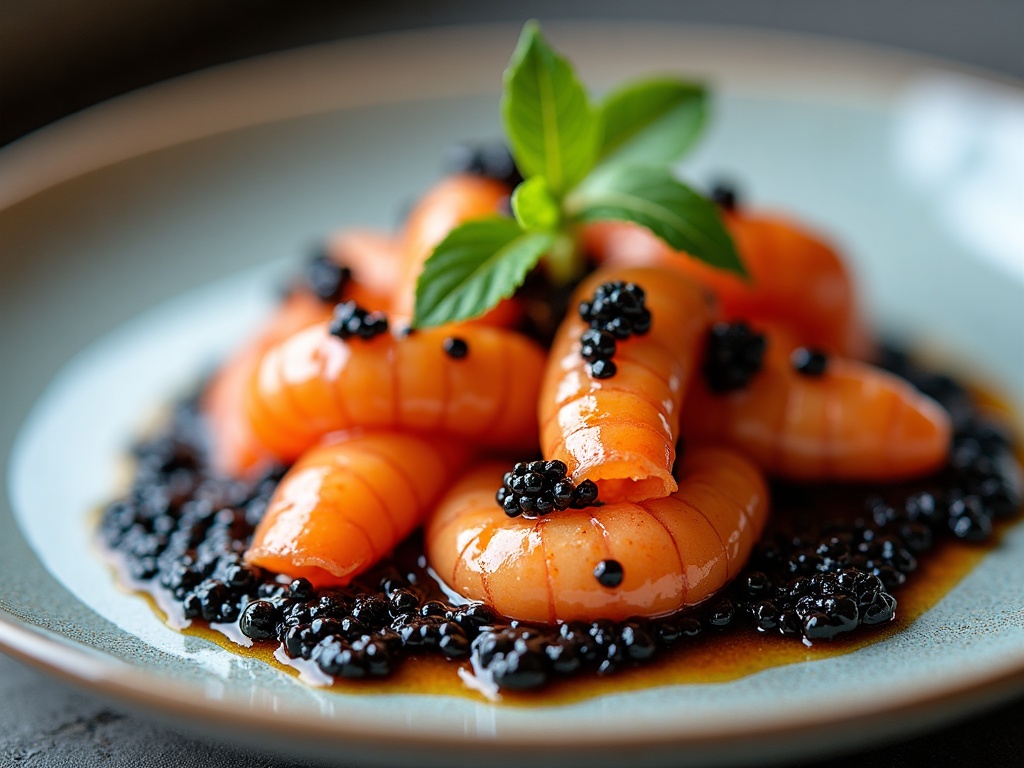 Langoustines with caviar vinaigrette on white plate