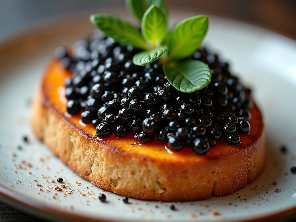 Sourdough toast topped with cold unsalted butter and Oscietra caviar, served on dark slate