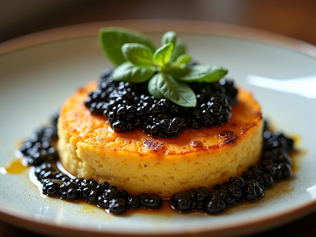 Caviar frittata in cast iron pan with herb garnish and caviar topping
