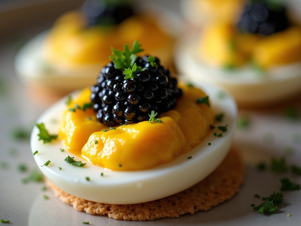 Devilled eggs topped with Oscietra caviar and chives on white plate
