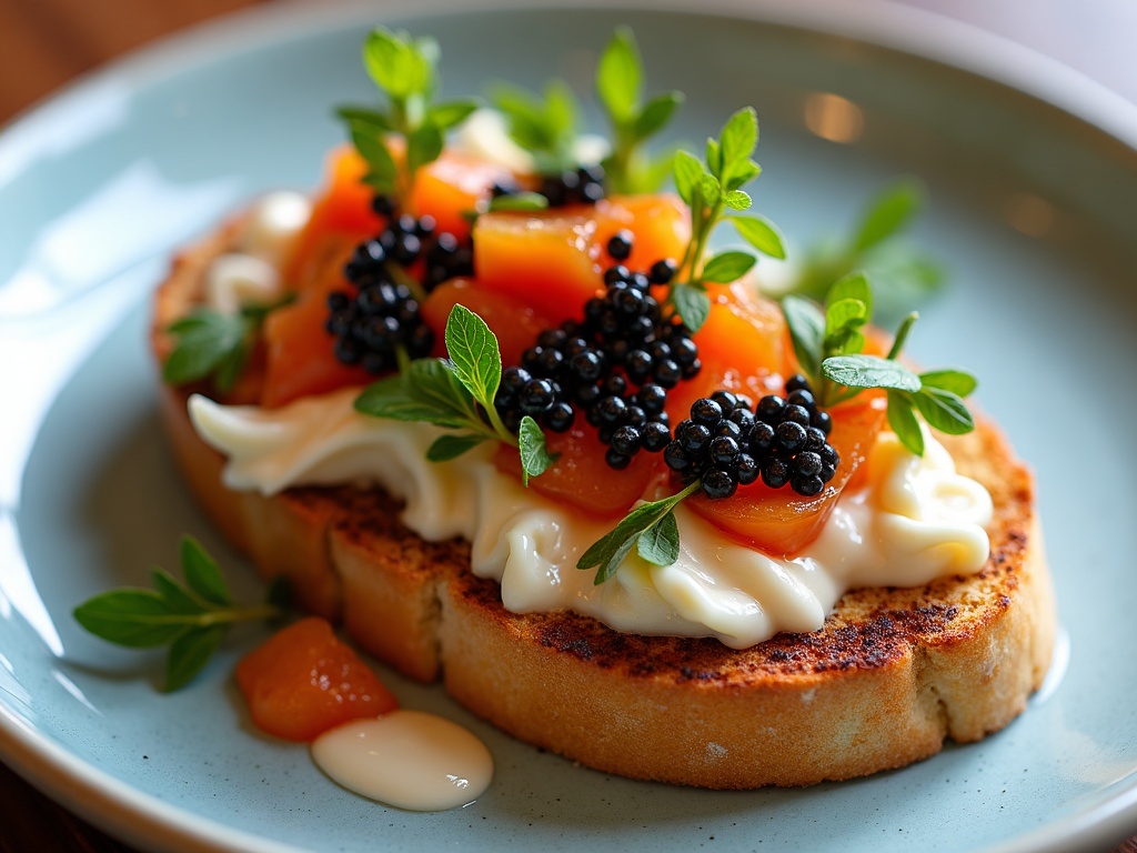 Crab and caviar on sourdough toast with chives and black pepper