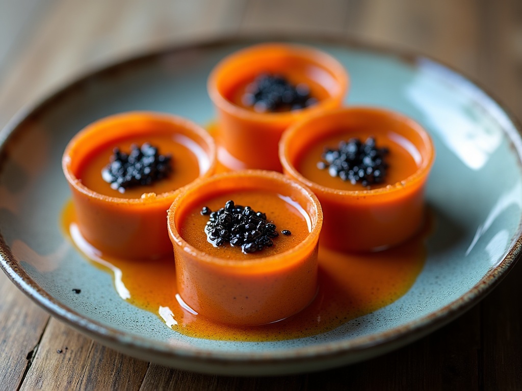 Gazpacho shots with caviar in chilled glasses