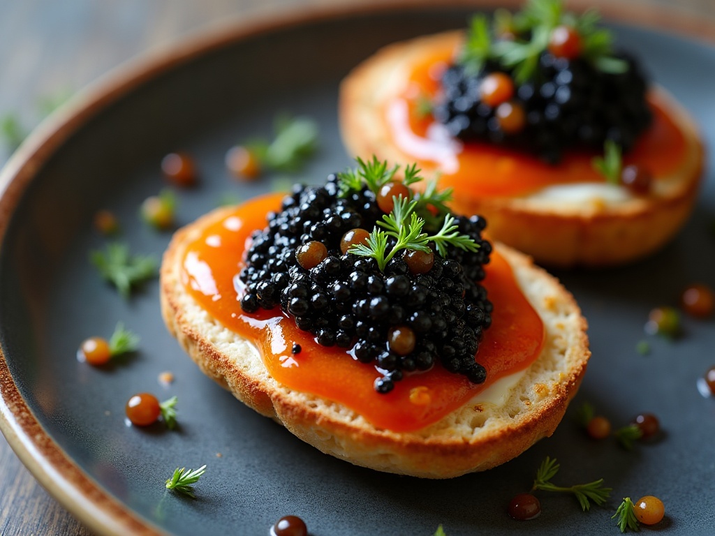 Small caviar canapé being lifted from plate by guest at Christmas dinner