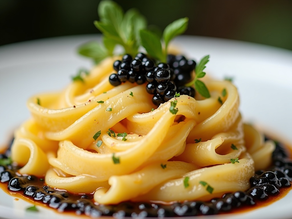 Fettuccine Alfredo with caviar in shallow bowl