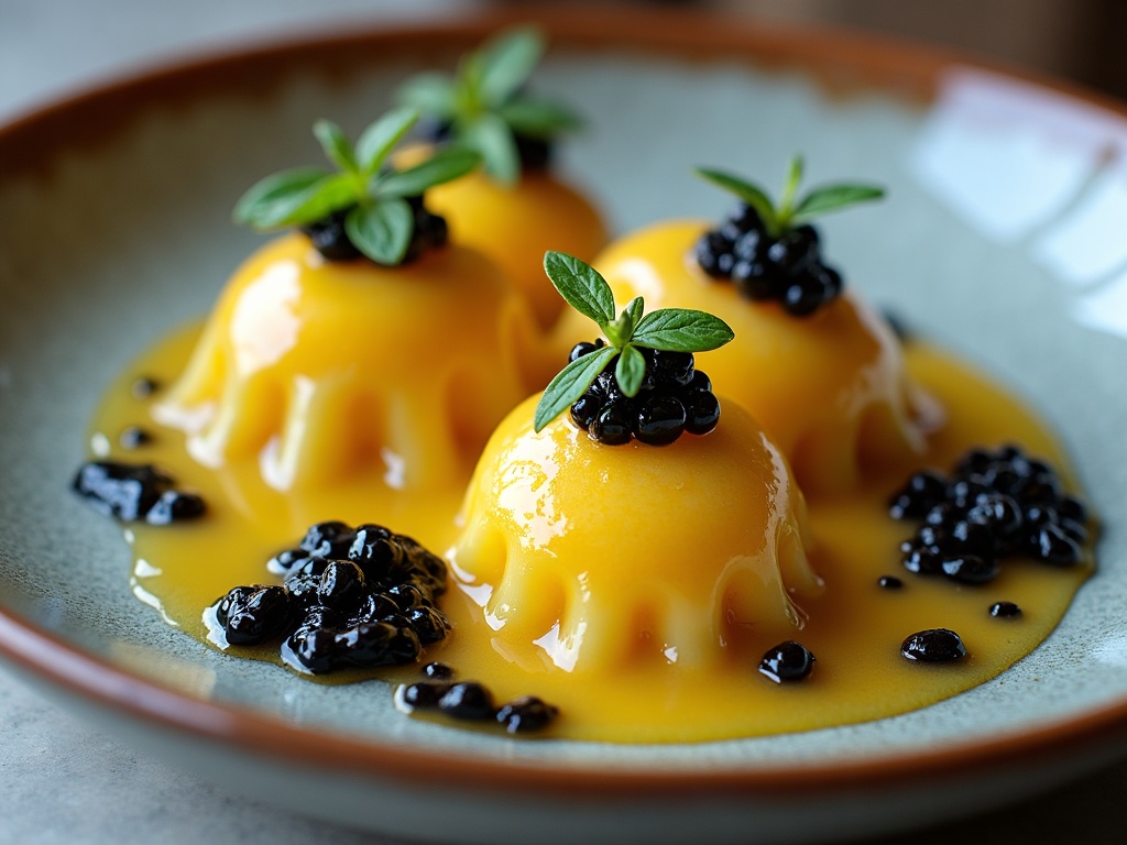 Egg yolk ravioli being cut showing runny yolk with caviar