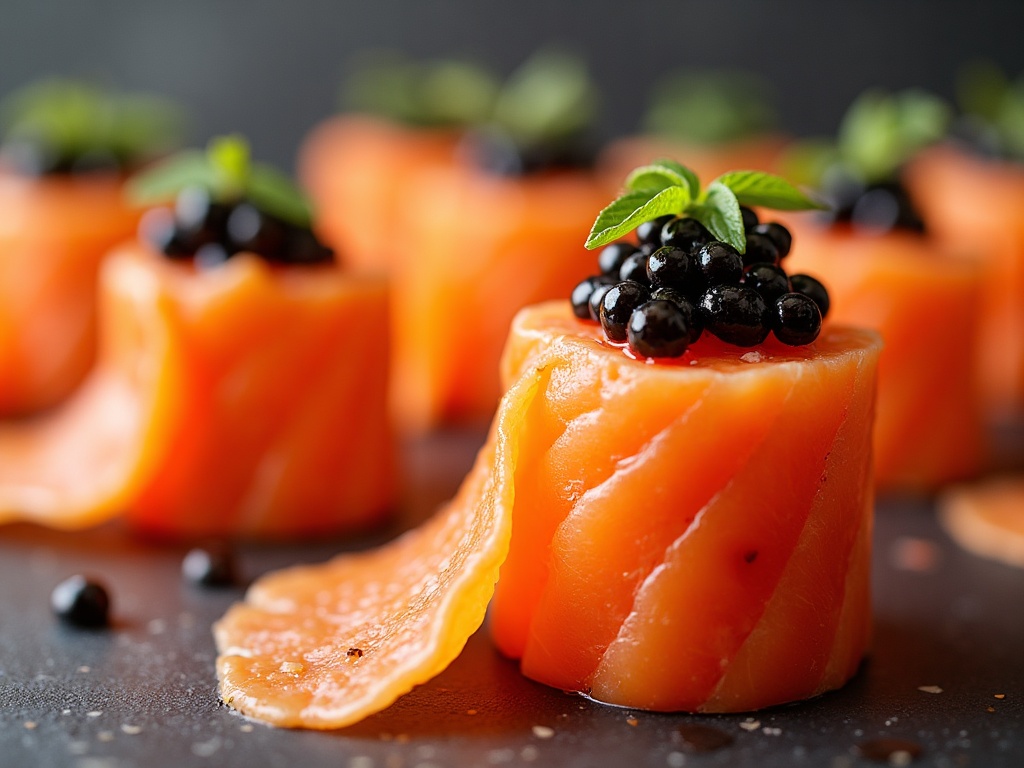 Smoked salmon cones with caviar topping on platter