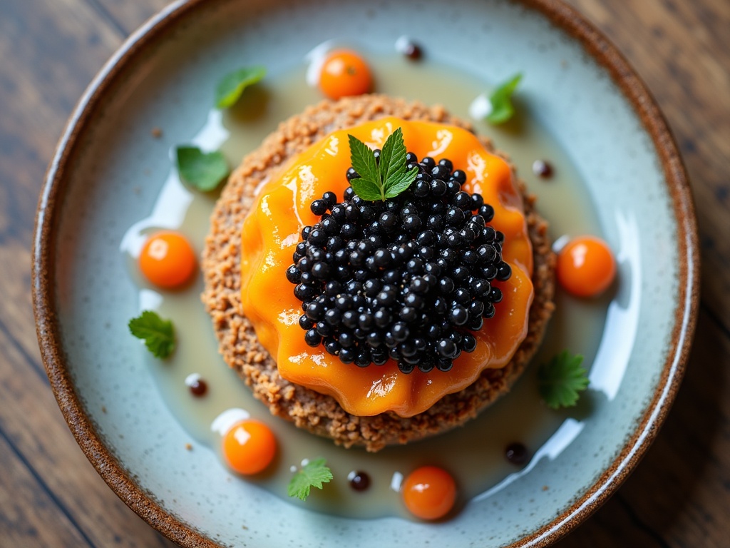 Hands assembling blini canapés with crème fraîche and caviar