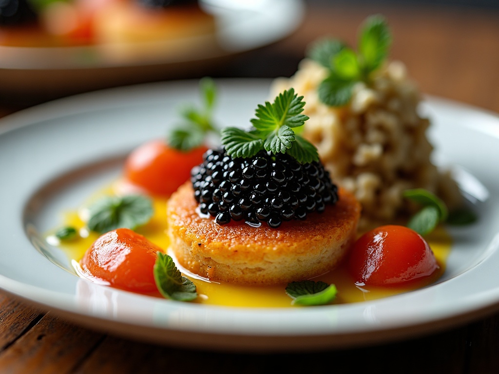 Caviar blini tower stacked on platter with dill and lemon