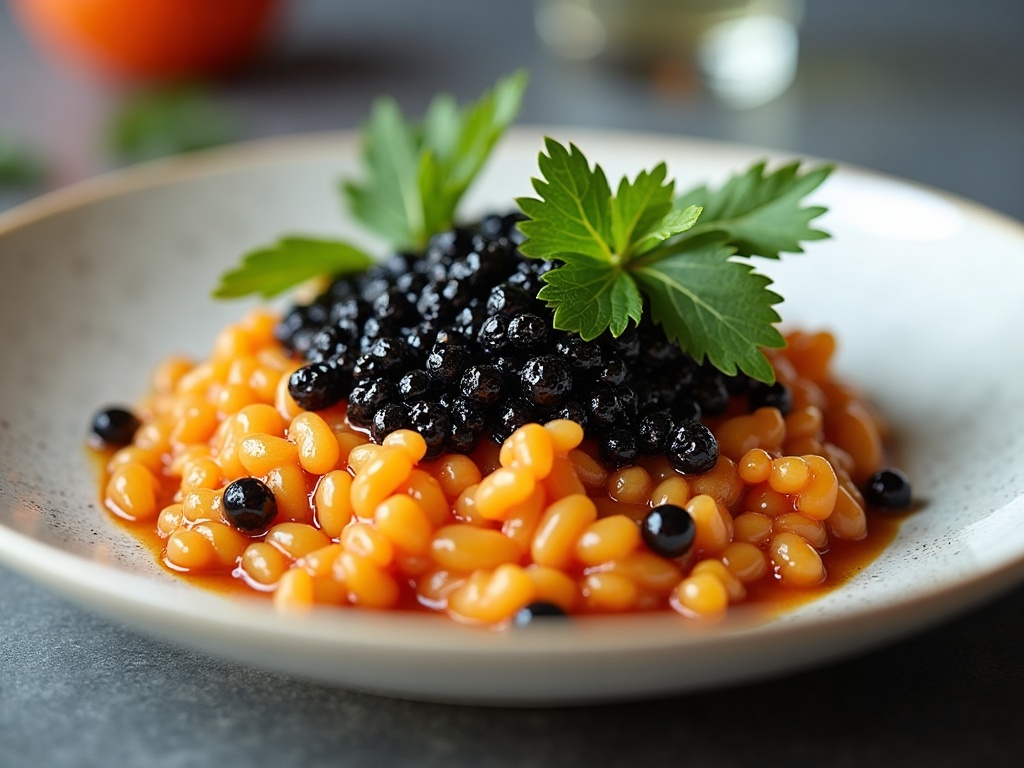 Champagne risotto with Oscietra caviar in shallow bowl with gold spoon, restaurant style