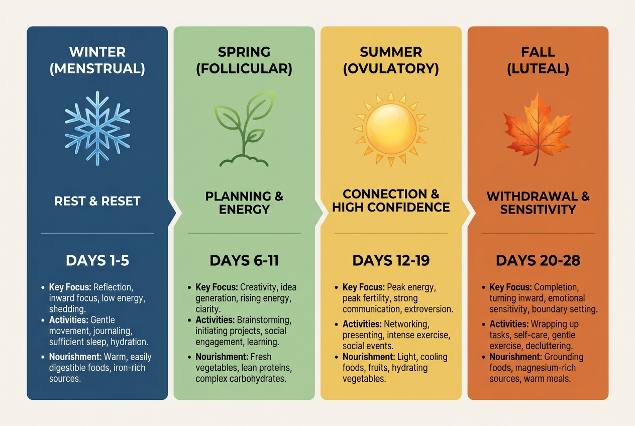 An infographic showing the 4 phases of the menstrual cycle - Winter, Spring, Summer, and Fall - with day ranges and behavioral focuses for each phase.