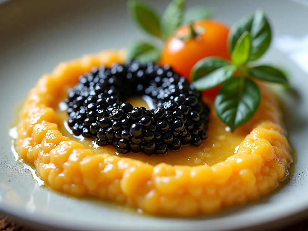 Cauliflower purée with caviar topping in white bowl
