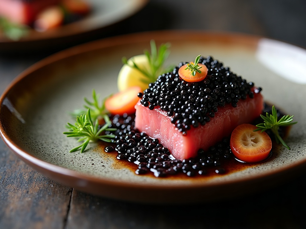 Close-up of pearl-grey Beluga Reserve caviar eggs, briny and buttery
