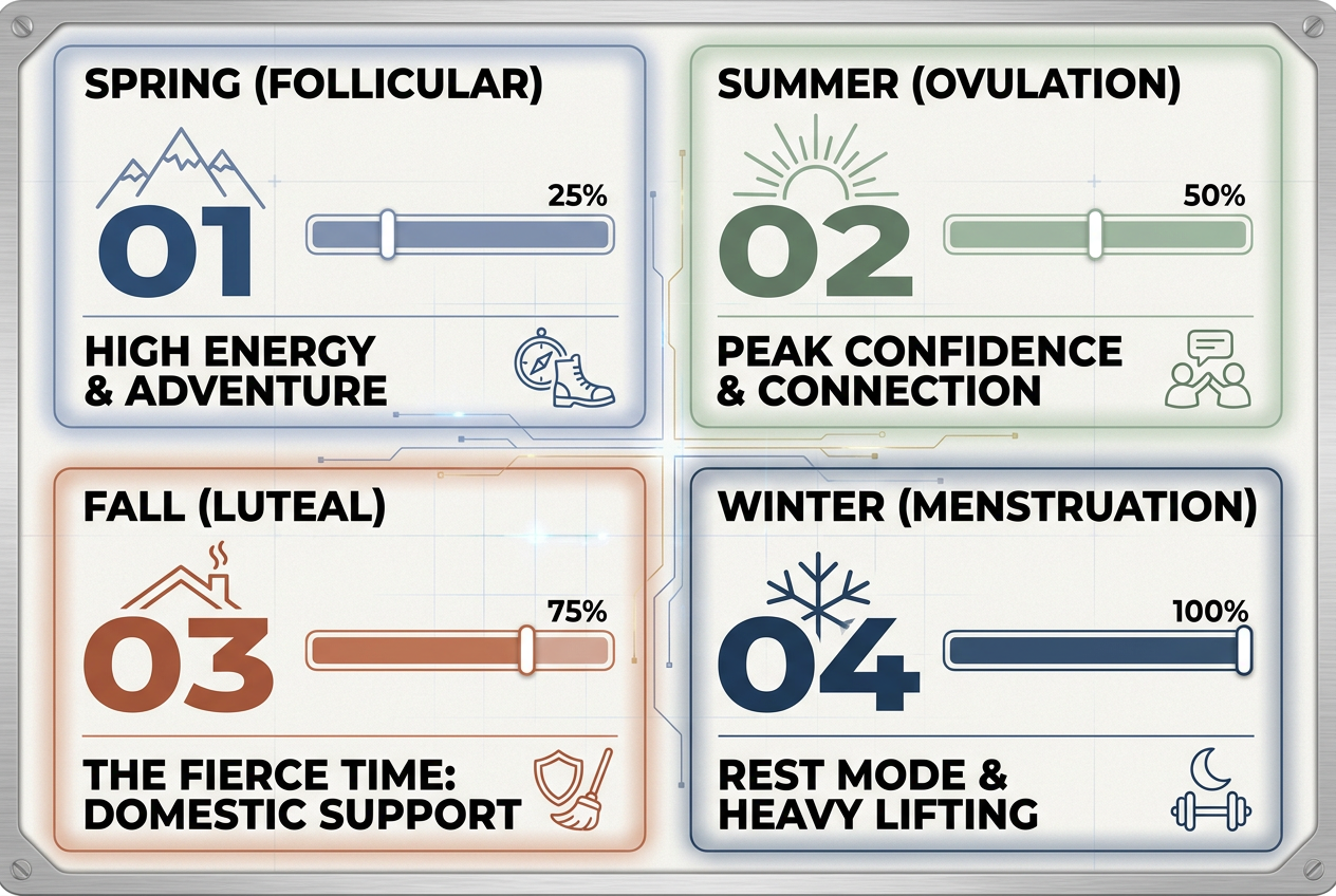 An infographic showing the four seasons of a menstrual cycle - Spring, Summer, Fall, and Winter - mapping energy levels to relationship missions.