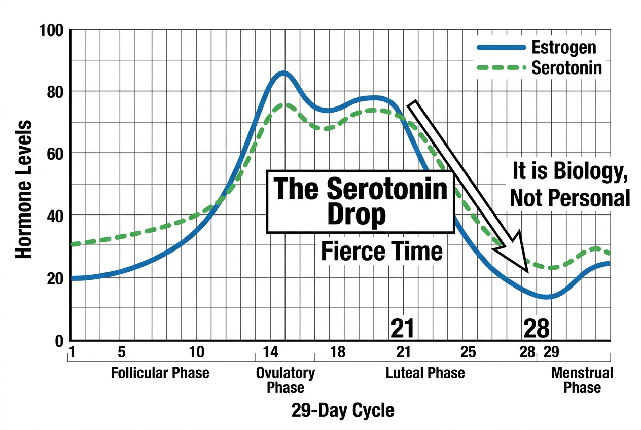 A line graph showing the synchronized drop of Estrogen and Serotonin levels during the luteal phase of the menstrual cycle.