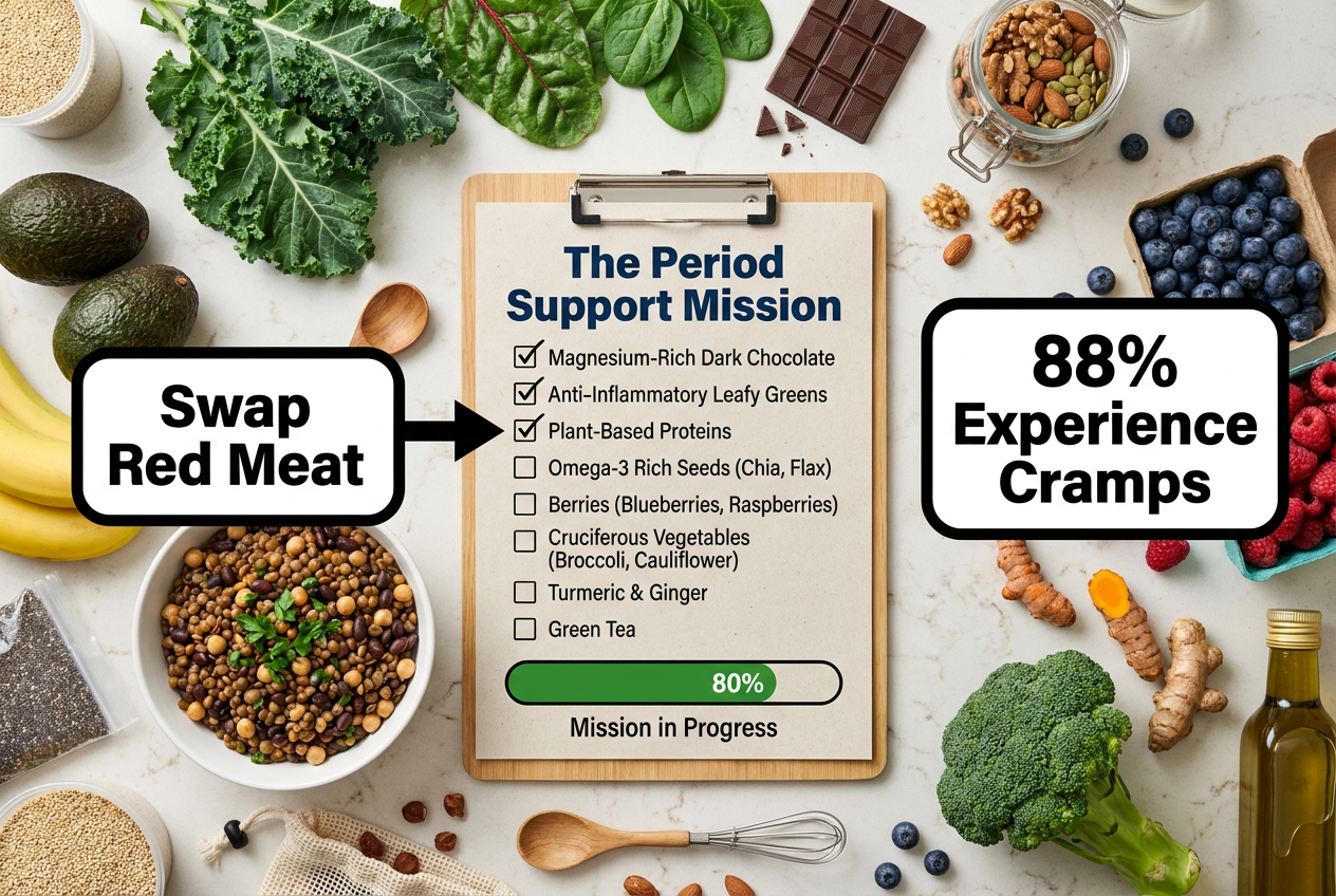 A grocery checklist for period support featuring anti-inflammatory foods like dark chocolate, leafy greens, and plant-based proteins.