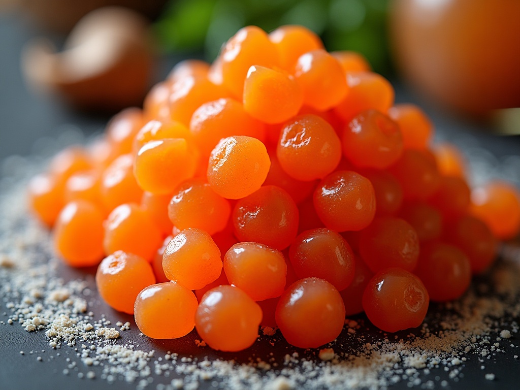 Caviar served on a fine dish, dark glossy pearls, a caviar gift set close up