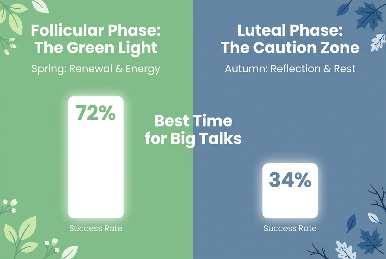 A data comparison chart showing that relationship conflict resolution success is 72 percent during the follicular phase versus 34 percent in luteal.