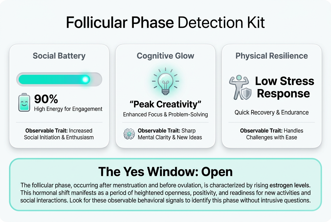 A behavioral detection dashboard for the follicular phase showing indicators like high social battery, peak creativity, and low stress response.