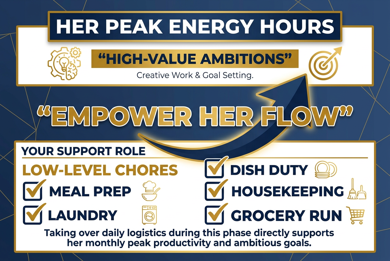 An infographic showing how a partner can support their girlfriend during the follicular phase by taking over chores to empower her peak energy.