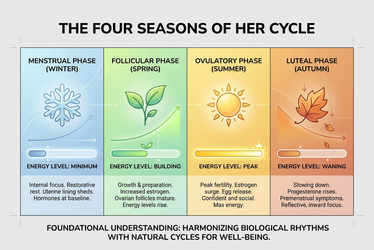 Infographic showing the four phases of the menstrual cycle - Menstrual, Follicular, Ovulatory, and Luteal - visualized as seasons with energy bars.