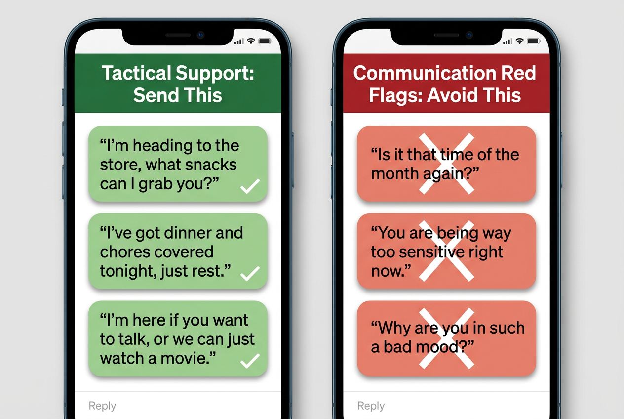 A side-by-side comparison of supportive text messages versus phrases to avoid during a partner's luteal phase or PMS period.