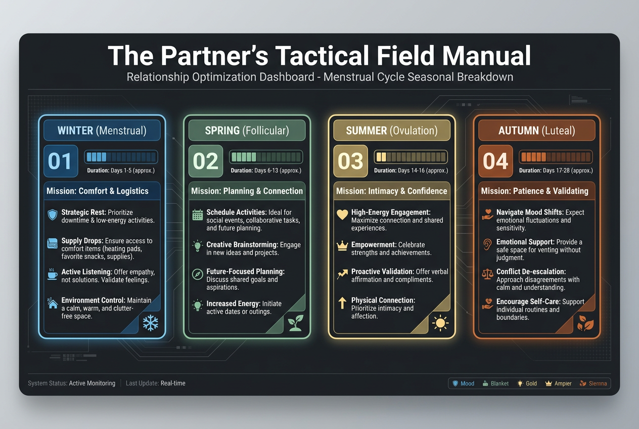 Tactical field manual infographic showing the four phases of the menstrual cycle labeled Winter, Spring, Summer, and Autumn with partner missions.