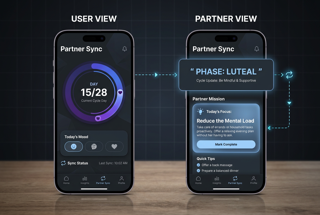 UI mockup of a period tracking app partner mode showing cycle status alerts and tactical support missions for a synchronized relationship.